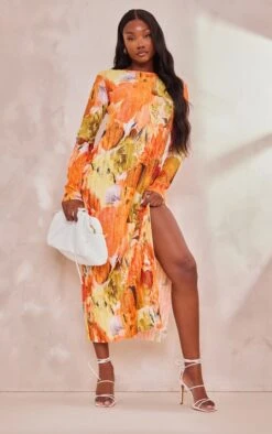 Tall Orange Floral Print Plisse Long Sleeve Split Detail Midi Dress