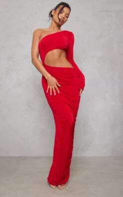 Red Acetate Slinky Cut Out One Shoulder Maxi Dress