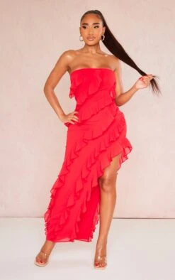 Shape Red Woven Frill Edge Bandeau Split Leg Maxi Dress