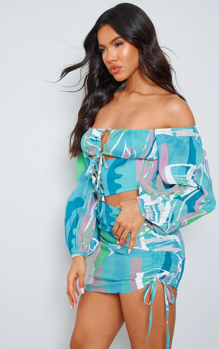 Blue Abstract Printed Linen Look Ruched Side Micro Mini Skirt 6 Blue Abstract Printed Linen Look Ruched Side Micro Mini Skirt - Image 4