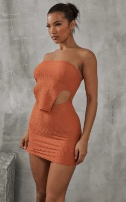 Rust Textured Bandeau Stirrup Hem Bodycon Dress