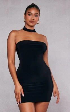 Black Slinky Choker Neck Detail Bodycon Dress