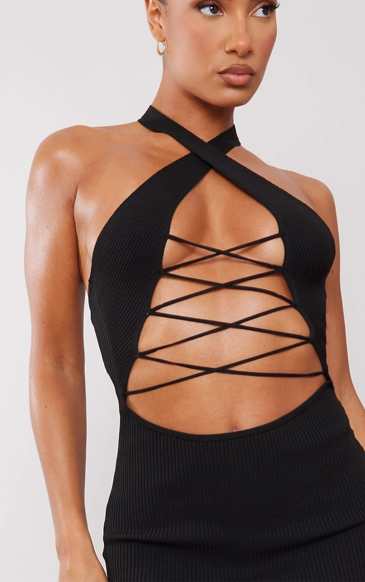 Black Rib Knit Halterneck Lace Front Dress 6 Black Rib Knit Halterneck Lace Front Dress - Image 4