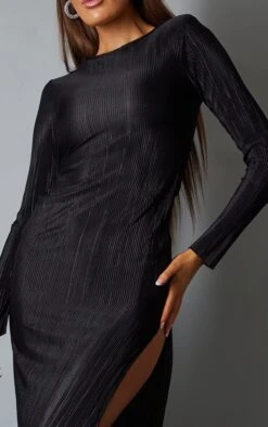 Black Plisse Long Sleeve Split Detail Midi Dress -Women Clothing Shop c9c02a0c1902b37f49b2fcd1c70b42ef5011b67c cnc3056 4