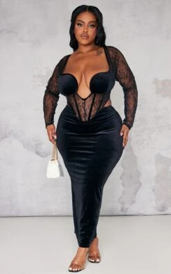 Plus Black Lace Detail Corset Velvet Midaxi Dress