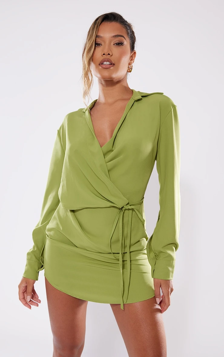 Olive Satin Wrap Tie Waist Shirt Dress 5 Olive Satin Wrap Tie Waist Shirt Dress - Image 3