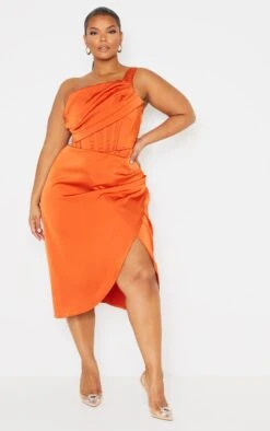 Plus Orange Satin Drape Detail Side Split Midi Dress -Women Clothing Shop cb54d54db159016ec243eab9d16bde606ac29326 cmu5772 4