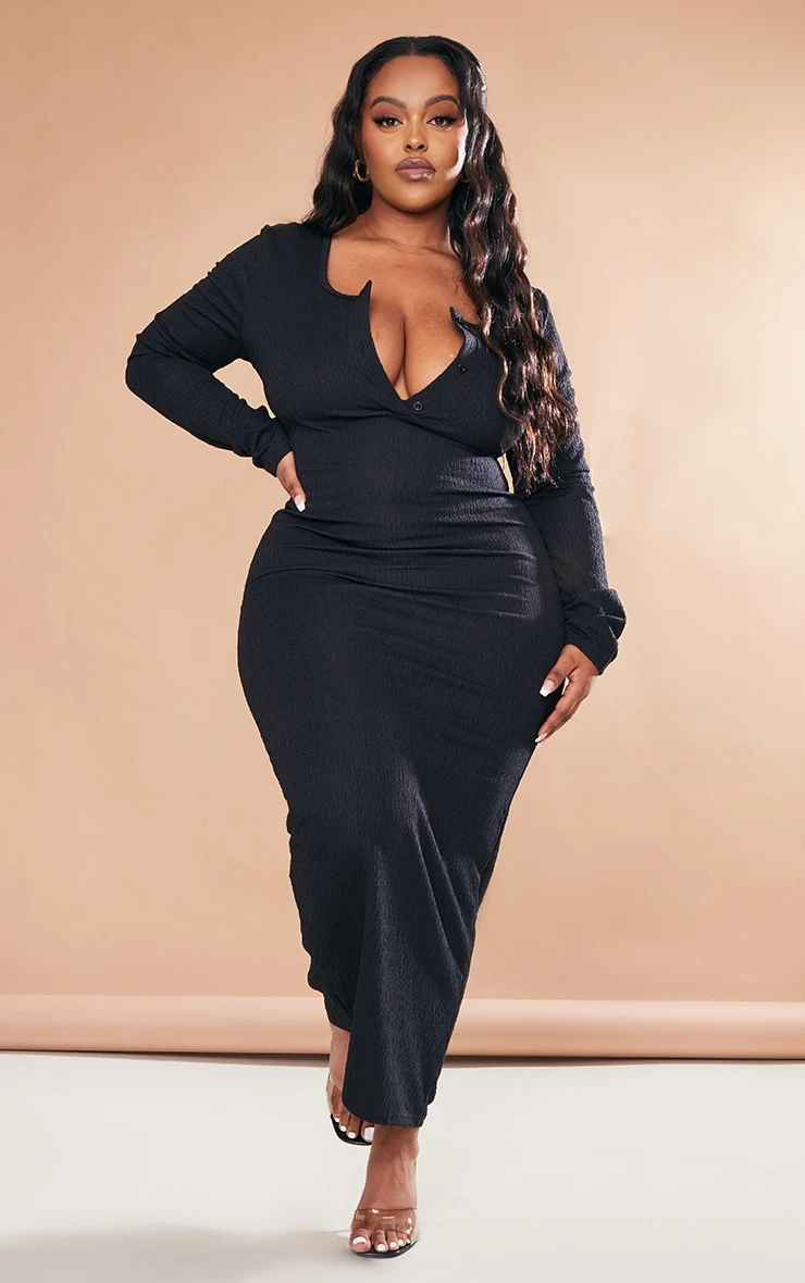 Plus Black Textured Button Up Midi Dress 3 Plus Black Textured Button Up Midi Dress