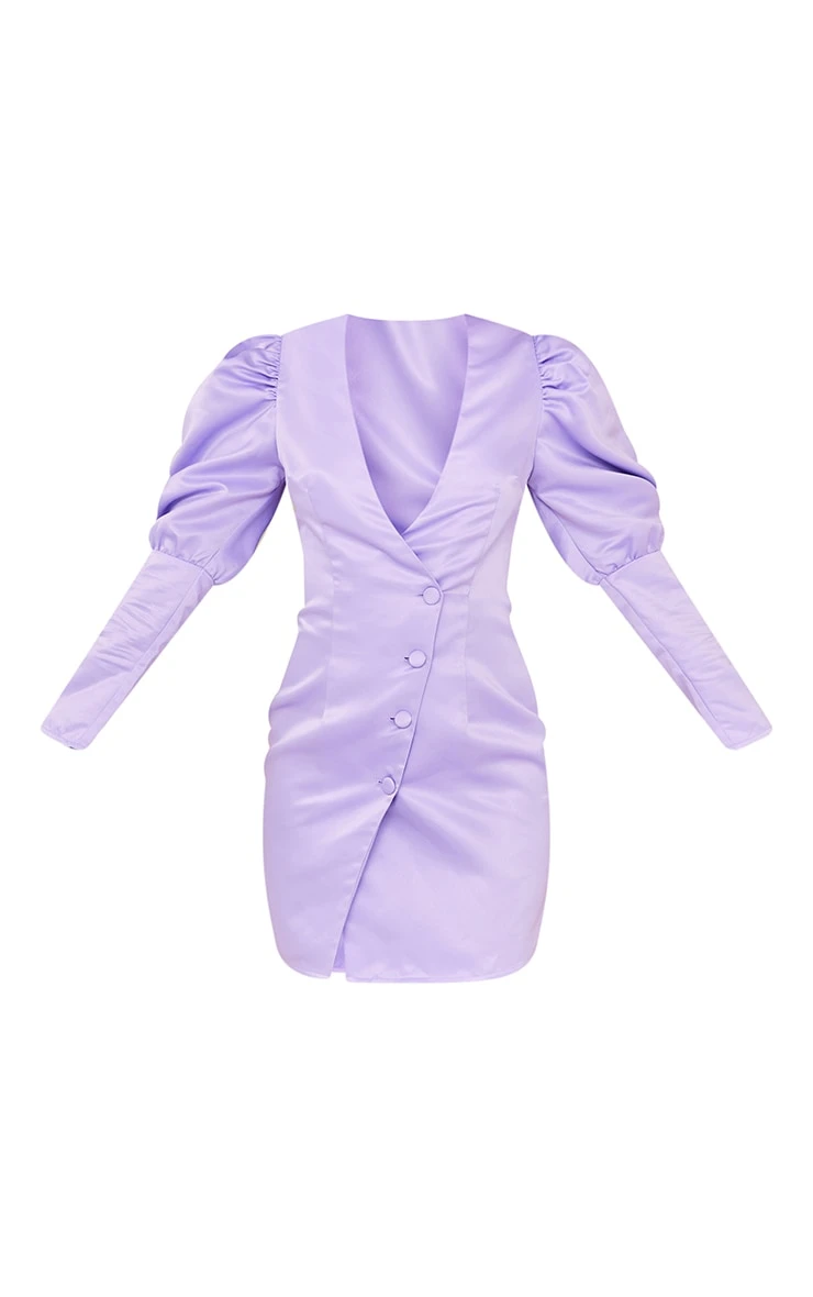 Lilac Satin Puff Sleeve Asymmetric Button Blazer Dress 7 Lilac Satin Puff Sleeve Asymmetric Button Blazer Dress - Image 5