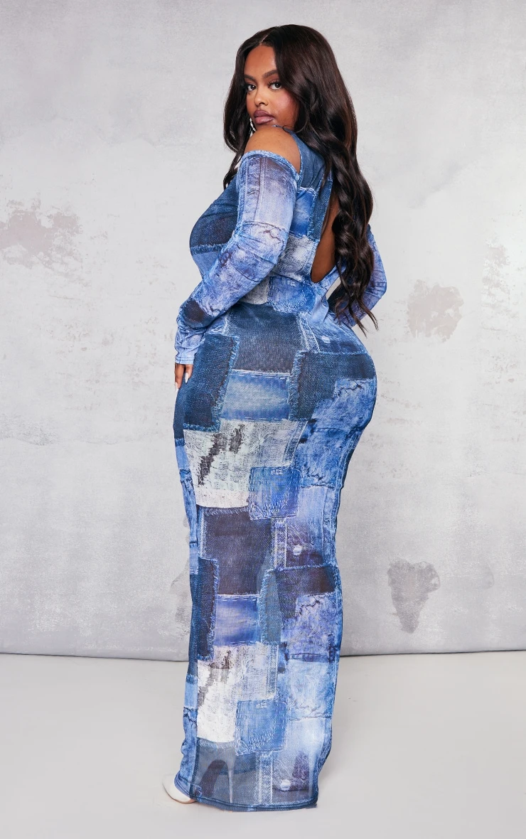 Plus Blue Denim Printed Mesh Cold Shoulder Maxi Dress 4 Plus Blue Denim Printed Mesh Cold Shoulder Maxi Dress - Image 2