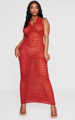 Shape Rust Crochet Knit Halterneck Open Back Maxi Dress