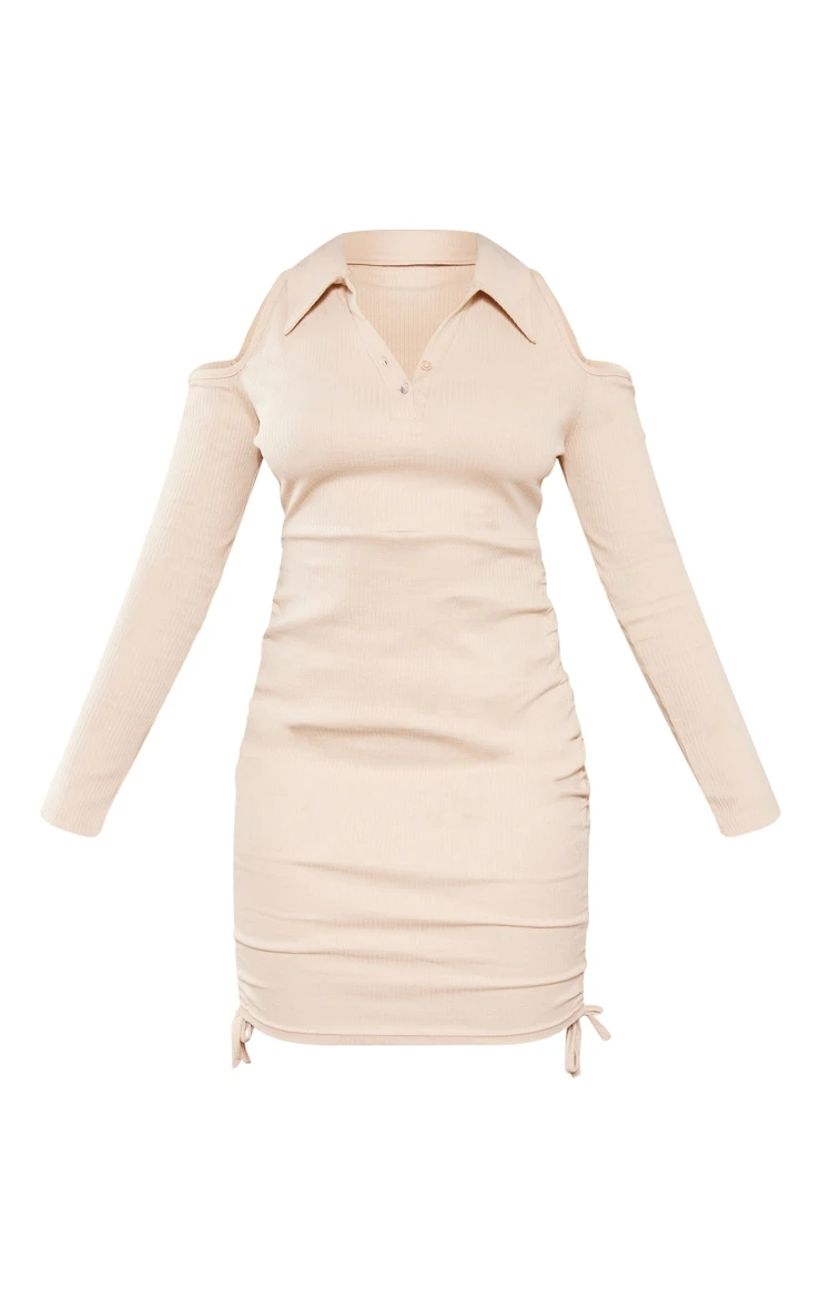 Sand Rib Drop Sleeve Ruched Bodycon Dress 7 Sand Rib Drop Sleeve Ruched Bodycon Dress - Image 5