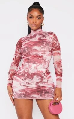 Shape Pink Printed High Neck Mesh Bodycon Dress -Women Clothing Shop d03836a66d3f65fab5734a80d2bcea82d31c44c9 cmk4675 3