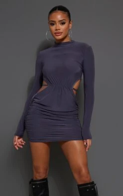 Charcoal Slinky Ruched Cut Out Back Long Sleeve Bodycon Dress