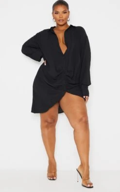 Plus Black Textured Gathered Detail Long Sleeve Shirt Dress