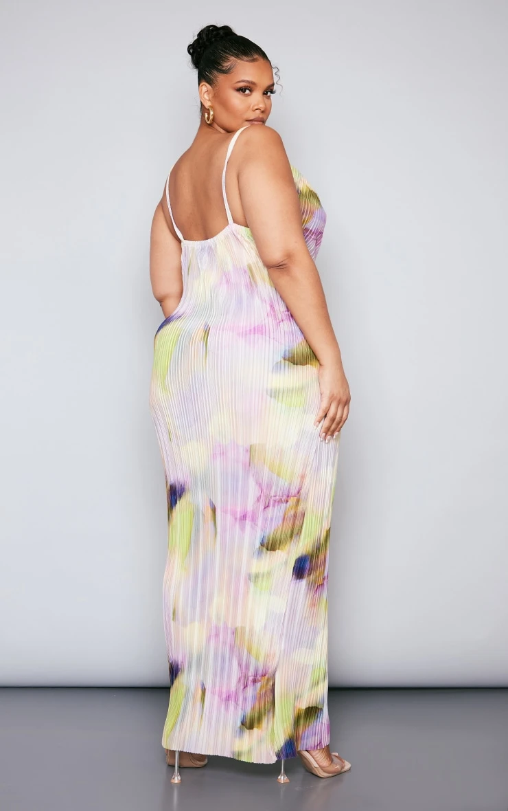 Plus Lilac Watercolour Printed Plisse Cowl Neck Maxi Dress 4 Plus Lilac Watercolour Printed Plisse Cowl Neck Maxi Dress - Image 2