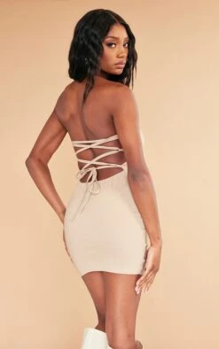 Stone Stretch Woven Lace Up Back Bodycon Dress