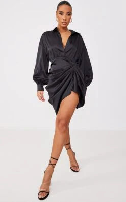 Black Satin Drape Skirt Oversized Sleeve Shirt Dress