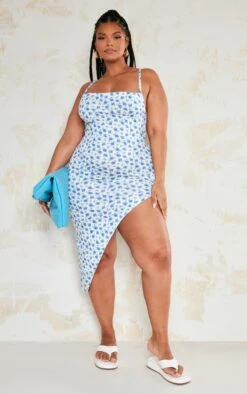 Plus Blue Ditsy Floral Lace Up Back Asymmetric Hem Midi Dress