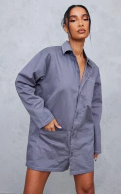 Charcoal Contrast Stitch Pocket Cargo Shirt Dress