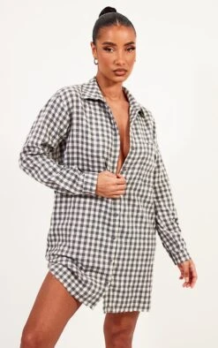 Grey Brushed Check Raw Hem Oversized Shirt Dress