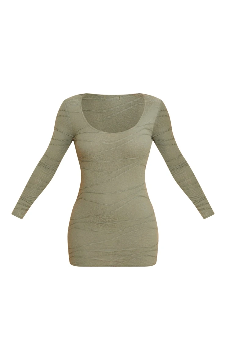 Khaki Textured Scoop Neck Long Sleeve Bodycon Dress 7 Khaki Textured Scoop Neck Long Sleeve Bodycon Dress - Image 5