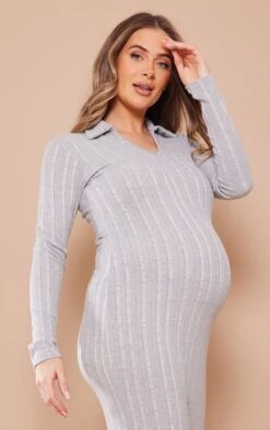 Maternity Light Grey Ribbed Polo Neck Maxi Dress -Women Clothing Shop dac8261876522e53110f2af491cd29d1ca13e13c cnd3129 4