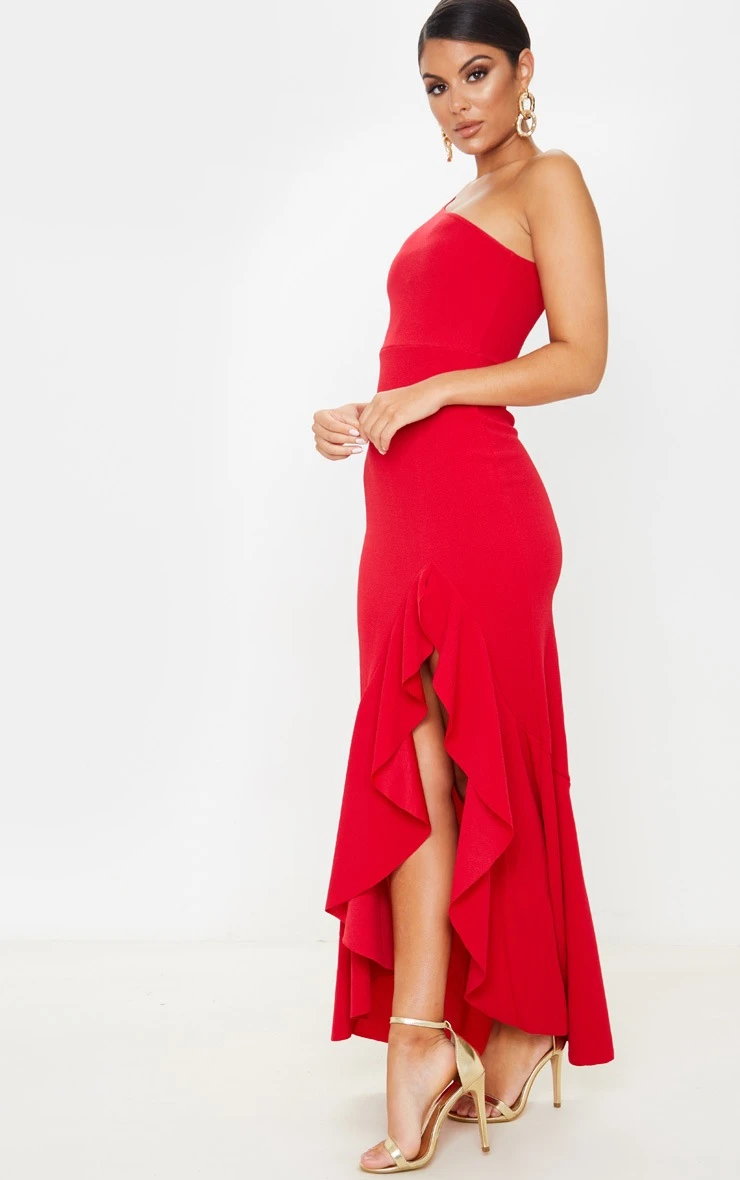 Red One Shoulder Frill Split Maxi Dress 6 Red One Shoulder Frill Split Maxi Dress - Image 4