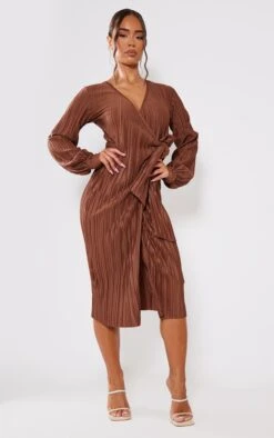 Chocolate Plisse Long Sleeve Wrap Midi Dress