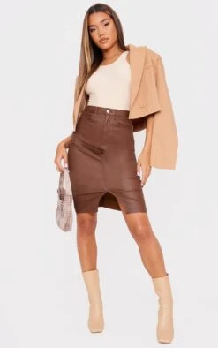 Chocolate Denim Coated Midi Skirt