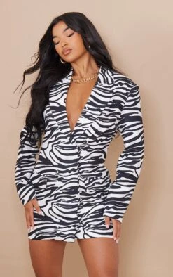 Monochrome Zebra Print Oversized Blazer Dress