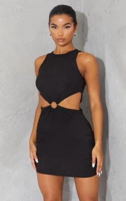 Black Ribbed Ring Detail Waist Cut Out Sleeveless Bodycon Dress