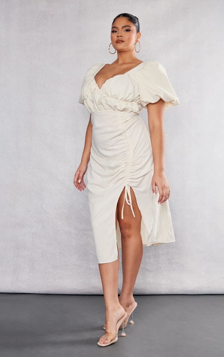 Plus Cream Puff Sleeve Ruched Side Split Midi Dress 5 Plus Cream Puff Sleeve Ruched Side Split Midi Dress - Image 3