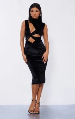Black Velvet High Neck Multi Cut Out Midaxi Dress