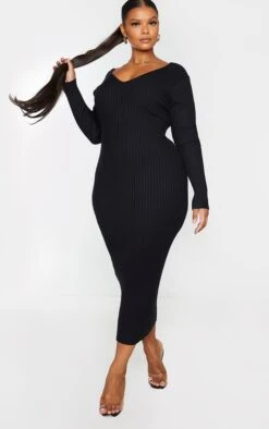 Plus Black Off Shoulder Rib Knitted Midaxi Dress -Women Clothing Shop e08c0056f2c7627821d4104ecbe9d2150e728122 CML1675 3