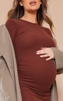 Maternity Chocolate Long Sleeve Ribbed Midi Dress -Women Clothing Shop e0b8bb29f6ac598d28e1d9237f604e2d1e6e25d4 cnd2167 4