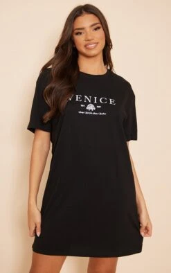 Black Oversized Venice Graphic T Shirt Dress