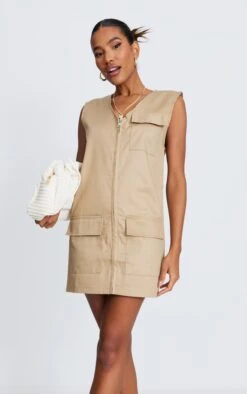 Camel Cargo Pocket Detail Sleeveless Dress