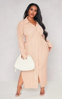 Plus Stone Plisse Oversized Midi Shirt Dress