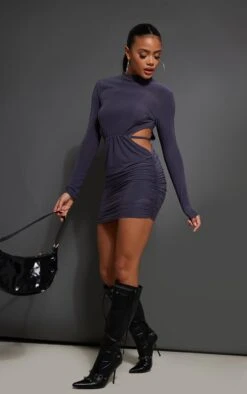 Charcoal Slinky Ruched Cut Out Back Long Sleeve Bodycon Dress -Women Clothing Shop e42abfde8cd68032ff5bdba35644335188aa1c25 cnb9253 3