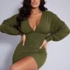 Shape Khaki Soft Rib Plunge Ruched Sleeve Bodycon Dress