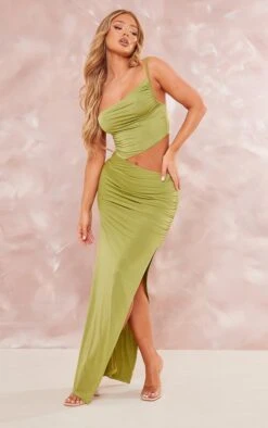 Olive Slinky Cowl Side Cut Out Detail Strappy Maxi Dress