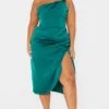 Plus Emerald Green Satin Drape Detail Side Split Midi Dress