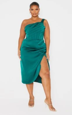 Plus Emerald Green Satin Drape Detail Side Split Midi Dress
