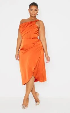 Plus Orange Satin Drape Detail Side Split Midi Dress
