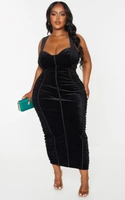 Plus Black Velvet Ruched Side Cup Detail Midi Dress