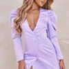 Lilac Satin Puff Sleeve Asymmetric Button Blazer Dress