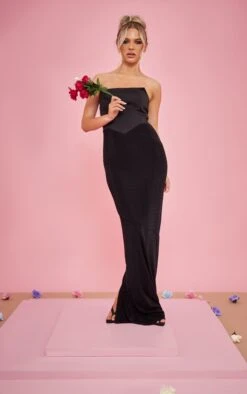 Black Acetate Slinky Contrast Bandeau Maxi Dress