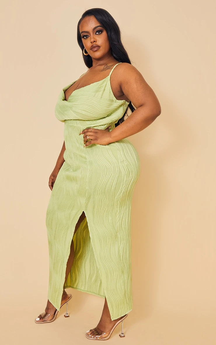 Plus Sage Green Textured Cowl Neck Side Split Midi Dress 5 Plus Sage Green Textured Cowl Neck Side Split Midi Dress - Image 3