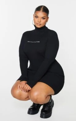 PRETTYLITTLETHING Plus Black Rib Knitted Bodycon Dress